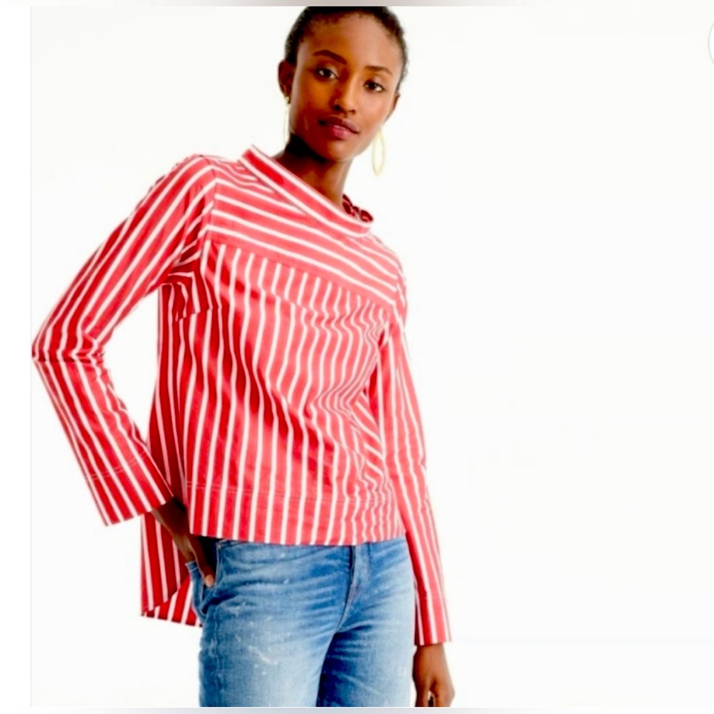 J Crew red and white striped, funnel neck shirt with button shoulder Size 4P